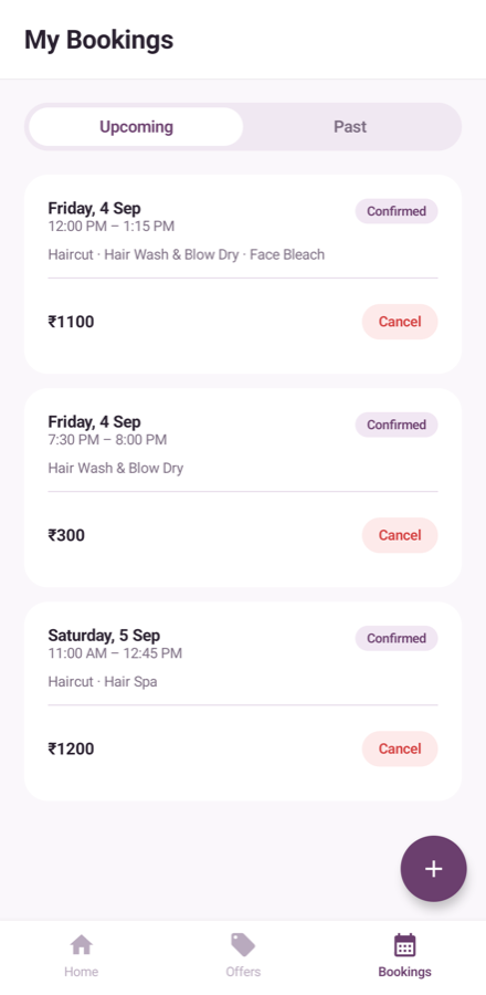 Client's bookings list with upcoming and past tabs and a cancel action
