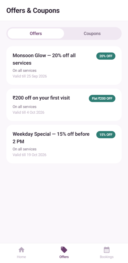 Offers and coupons screen for the connected salon