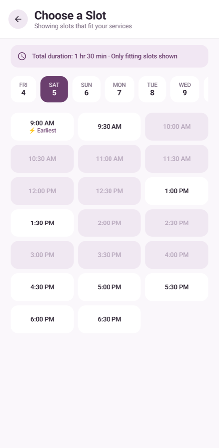 Slot picker for the next seven days, taken slots greyed out, earliest slot badged