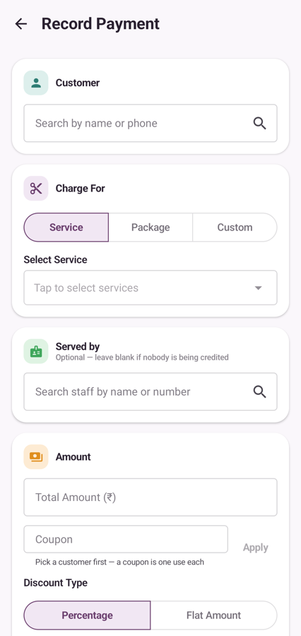 Bill form with customer search, charge type, staff attribution, amount and coupon