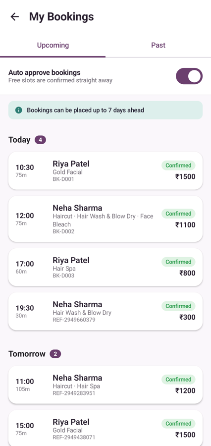 Bookings grouped by Today and Tomorrow, each with time, client, services and price