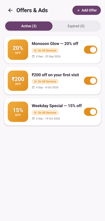 Offers screen with active and expired tabs