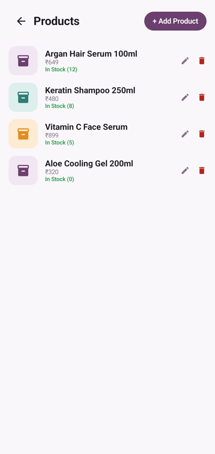 Retail products with price and stock level